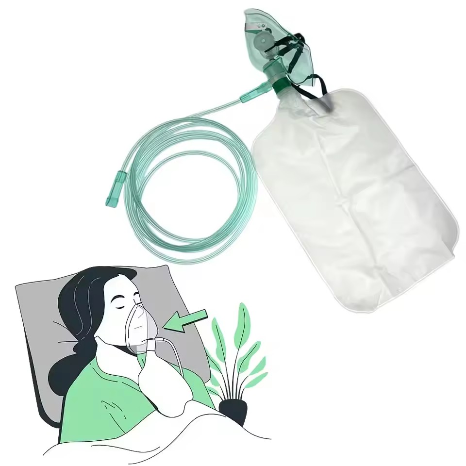 Oxygen Mask Non-Rebreather - หน้ากากออกซิเจนสำหรับผู้ใหญ่แบบใช้แล้วทิ้ง ความเข้มข้นสูง พร้อมท่อ หน้ากากออกซิเจนแบบไม่หายใจกลับเข้า พร้อมถุงเก็บออกซิเจนแบบยืดหยุ่น