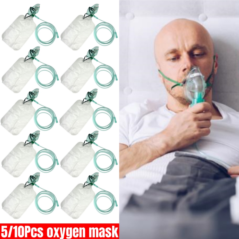 Oxygen Mask Non-Rebreather - 5-10 ชิ้น หน้ากากออกซิเจนสำหรับผู้ใหญ่แบบใช้แล้วทิ้ง ความเข้มข้นสูง พร้อมท่อ หน้ากากออกซิเจนแบบไม่หายใจกลับเข้า