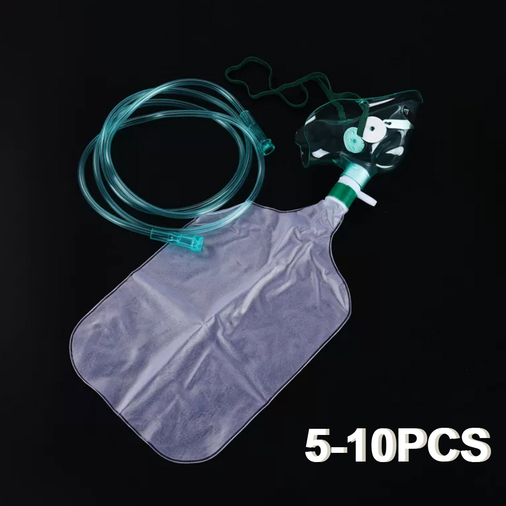 Oxygen Mask Non-Rebreather - หน้ากากออกซิเจนสำหรับผู้ใหญ่แบบใช้ครั้งเดียว 5-10 ชิ้น ความเข้มข้นสูง ไม่ใช่แบบหายใจซ้ำ พร้อมถุงเก็บออกซิเจนแบบยืดหยุ่นและสายท่อ